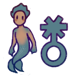 a small merperson with the alchemic/nonbinary symbol next to them. 